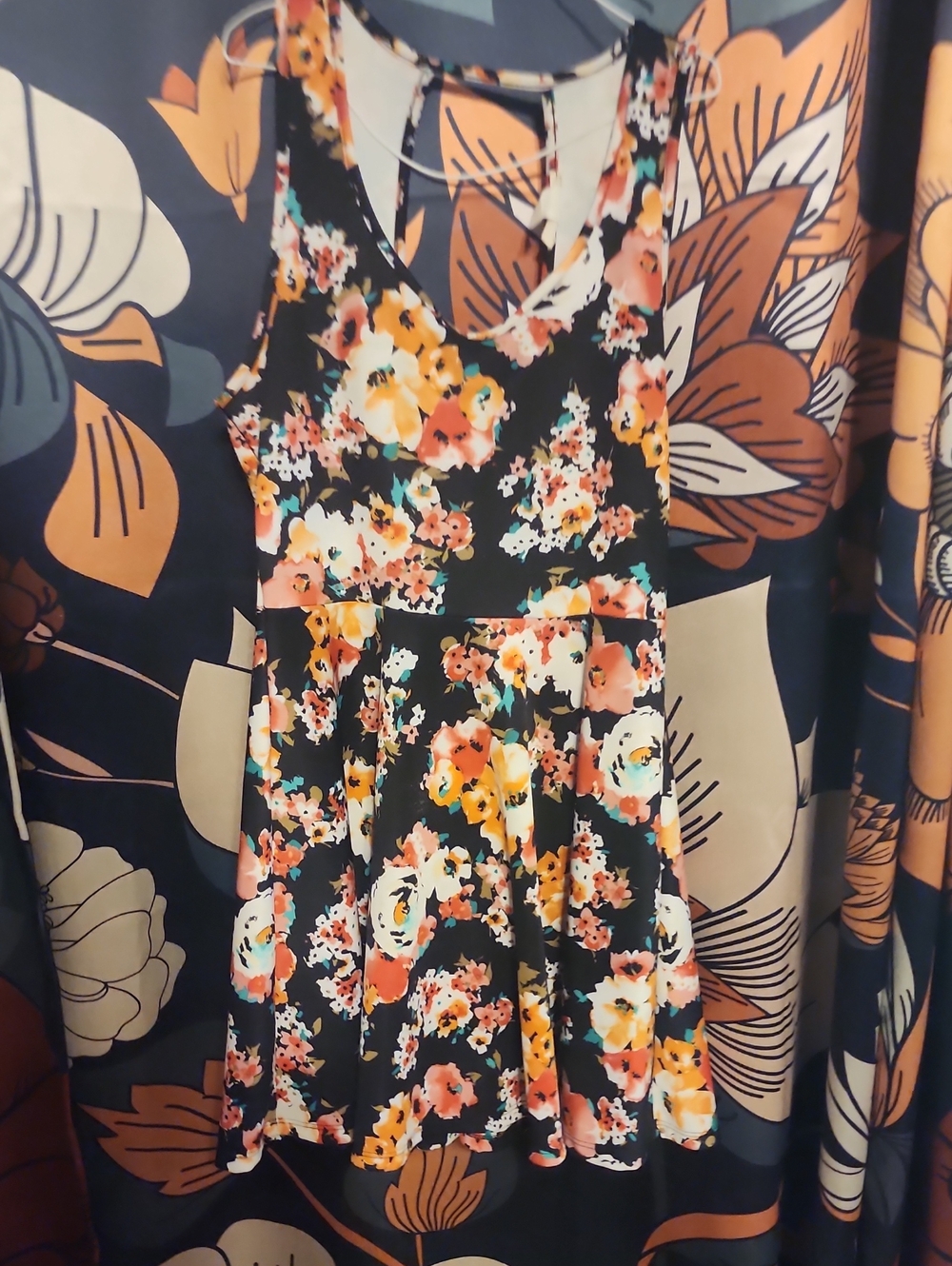 Black Floral Fit-and-Flare Mini Dress with Peach and Yellow Blooms